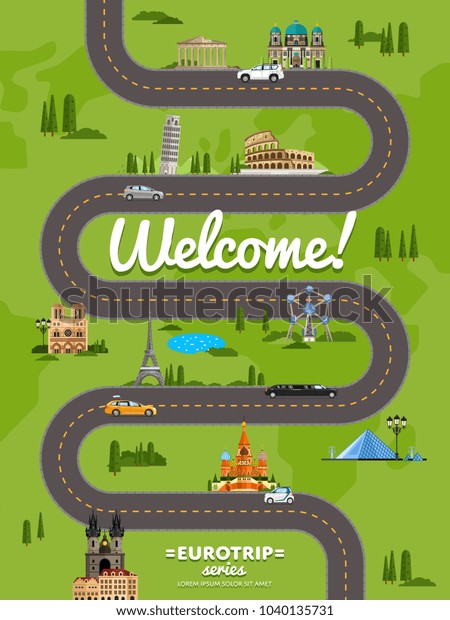 Welcome to Europe poster with famous attractions\
along winding road  illustration. Travel concep with Eiffel Tower,\
Leaning Tower, Kremlin, Coliseum. Worldwide traveling, time to\
travel concept