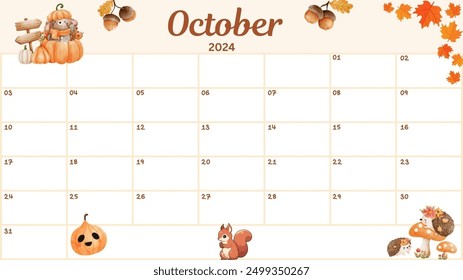 Welcome Fall October calendar concept. Autumn forest plants, animals, leaf, autumn halloween pumpkins. Cozy harvest October 2024 calendar.  - Powered by Shutterstock