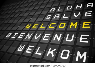 Welcome in languages on digitally generated black mechanical board