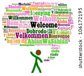 Welcome in multiple languages composed in the shape of speech bubble