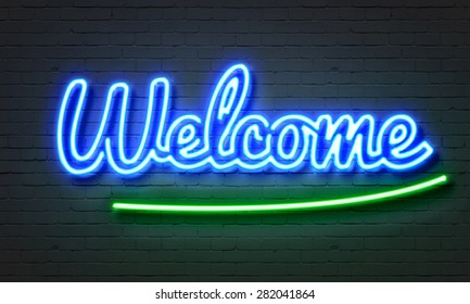 Welcome Neon Sign On Brick Wall Background