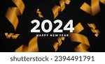 Welcome the New Year 2024 with a realistic gold ribbon on a black background. Explore our greeting card backgrounds and more in JPG format.