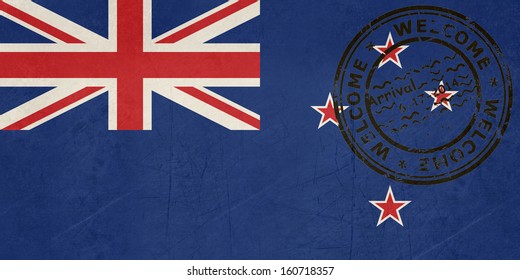 Welcome To New Zealand Flag With Passport Stamp 