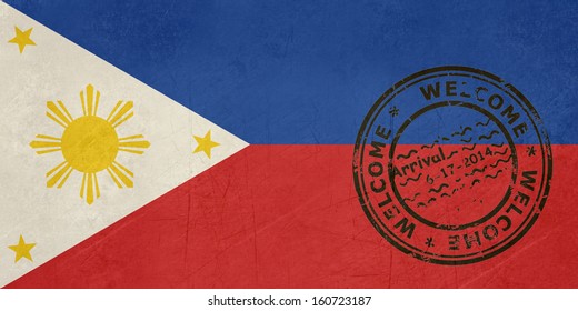 Welcome to Philippines flag with passport stamp 