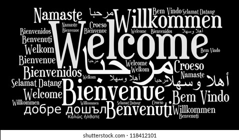 Welcome phrase in different languages. Words cloud concept
