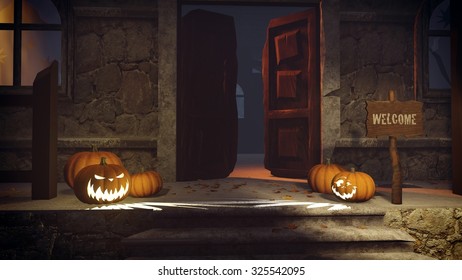 Welcome To The Spooky House. Halloween Pumpkins And Welcome Sign On The Porch Of The Gloomy House At Night. Realistic 3D Illustration Was Done From My Own 3D Rendering File.