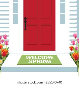 Welcome Spring Mat At Front Door With Tulips Royalty Free Stock Illustration For Greeting Card, Ad, Promotion, Poster, Flier, Blog, Article