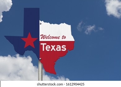 Welcome To The State Of Texas Road Sign In The Shape Of The State Map With The Flag With Sky Background 3D Illustration