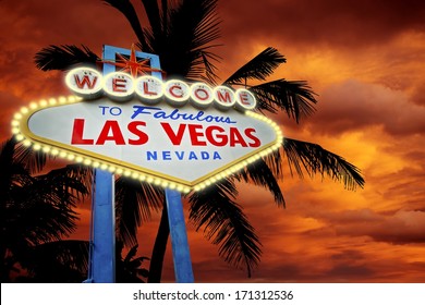 Welcome in Vegas. Las Vegas Entrance Sign, Palms and Sunset. Las Vegas, Nevada, United States.