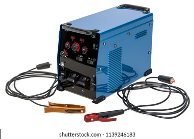 Welding Machine With Stick Electrode Holder, Work Cable And Clamp, 3D Rendering Isolated On White Background
