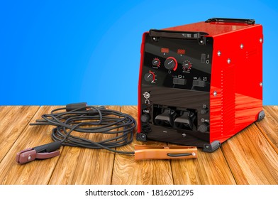 Welding Machine With Stick Electrode Holder, Work Cable And Clamp On The Wooden Table. 3D Rendering