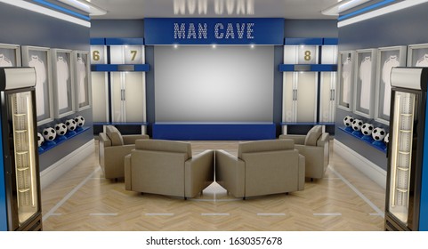 A Well Lit Interior Of A Soccer Themed Man Cave With Sports Memorabilia, Lockers And Large Television Screen Surrounded By Sofas - 3D Render