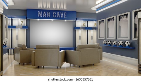 A Well Lit Interior Of A Soccer Themed Man Cave With Sports Memorabilia, Lockers And Large Television Screen Surrounded By Sofas - 3D Render