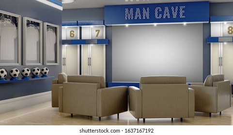 A Well Lit Interior Of A Soccer Themed Man Cave With Sports Memorabilia, Lockers And Large Television Screen Surrounded By Sofas - 3D Render