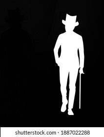 Welldressed Classy Gentleman With Bowler Hat  And Cane. Isolated On Black Background. Silhouette Of A Man In Suit Holding A Cane.