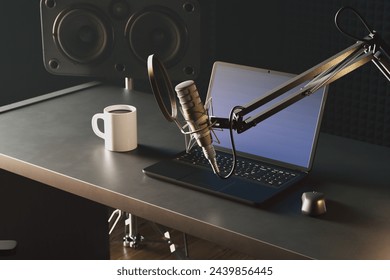 A well-equipped podcast studio featuring a high-quality condenser microphone on a boom arm, a laptop, studio monitors, and a coffee cup, arranged on a desk for optimal sound production.