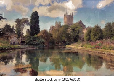 WELLS CATHEDRAL grounds with the view across the pond in Bishops Palace grounds in the little historic town of Wells in Somerset England textured oil painting