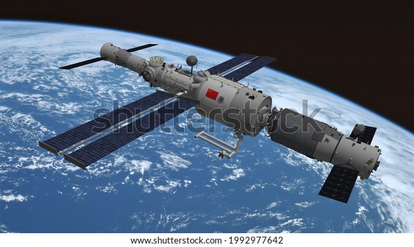 Wenchang, Hainan province, China -\
18th June 2021: 3D rendering of manned spacecraft Shenzhou 12\
docked with Tianhe - the Core Module of China\'s Space\
Station.