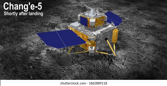 Wenchang, Hainan Province, China - November 28 2020: 3D Illustration Of Lander Shortly After Landing Of China's Moon Sample Return Mission Chang'e-5 On Mons Rümker Region On Moon. (with Labels)