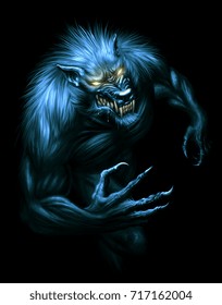 Werewolf With Glowing Eyes On The Dark Background. Digital Painting. 