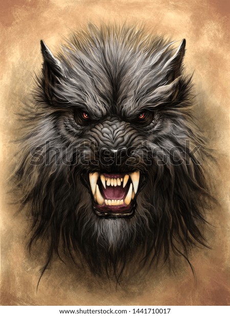 Werewolf head on the textured abstract\
background. Digital\
painting.