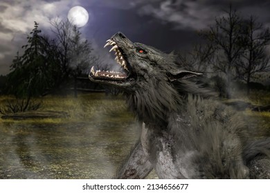 A werewolf howling on a full moon night.3D illustration 3D rendering
