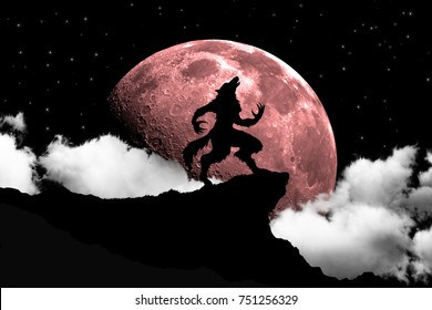 Werewolf Howling At The Red Moon. Detailed.