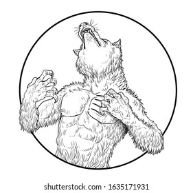 The Werewolf Howls At The Moon. Monster Silhouette Illustration.