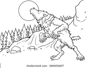 Werewolf Howls On Moon Drawing. Fantasy Monster Coloring Template.