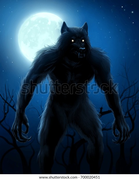満月の夜の背景にオオカミ人間 デジタル画 のイラスト素材 700020451