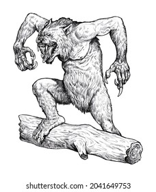 Werewolf Roaring Drawing. Fantasy Monster Illustration. Halloween Template.	