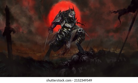 A Werewolf Warrior In Steel Armor Is Standing On A Defeated Knight, Behind Him Is A Red Moon, His Eyes Are Burning Light Red. Digital Drawing Style, 2D Illustration