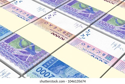 West African CFA Francs Bills Stacked Background. 3D Illustration.