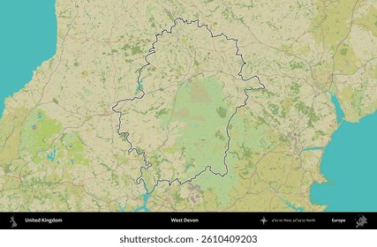 West Devon. Outlined administrative area of United Kingdom on a OpenStreetMap Humanitarian style map