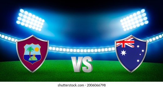 West Indies Vs Australia Cricket Match Versus Concept 3D Rendered Backdrop with Flags. Sports Background with stadium and lights