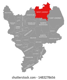 West Lindsey Red Highlighted In Map Of East Midlands England UK