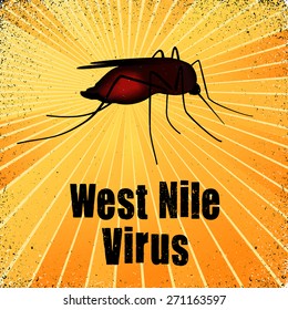 West Nile Virus, Blood Filled Mosquito, Graphic Illustration With Gold Ray Grunge Background.