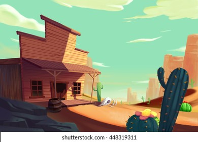 The West Saga, Cowboy's Town. Video Game's Digital CG Artwork, Concept Illustration, Realistic Cartoon Style Background