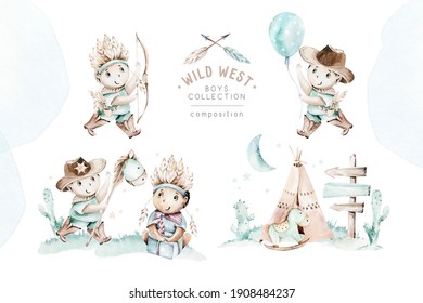 Western baby boy cowboy in cowboy hat sitting on hay bales illustration. Cartoon sheriff ans American tribes teepee design. Wild West birthday invitation