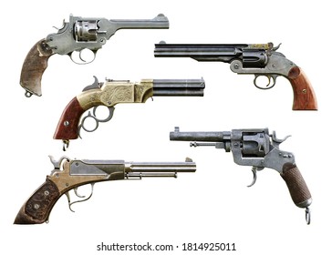 Western cowboy pistol booster pack 1 is a collection of assorted deadly and elegant hand gun firearms on a isolated white background. 3d rendering