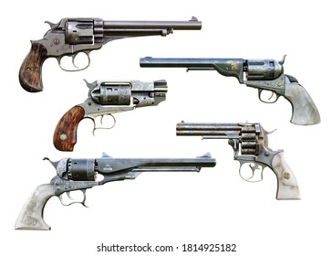 Western cowboy pistol booster pack 2 is a collection of assorted deadly and elegant hand gun firearms on a isolated white background. 3d rendering