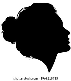 Western European white woman, girl from the side profile picture with a topknot, updo Bun (hairstyle) on the back of a head. Isolated realistic silhouette