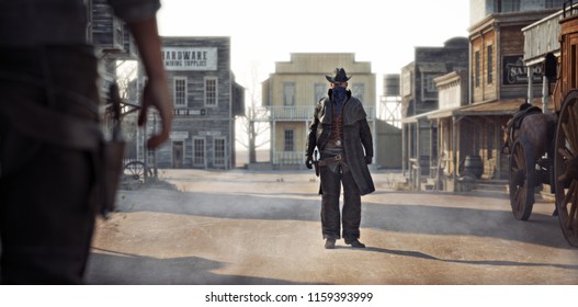 Western outlaw facing off against a cowboy in a classic gunfight in the center of town. 3d rendering