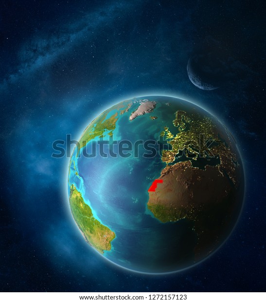 Western Sahara from\
space on planet Earth in space with Moon and Milky Way. Extremely\
fine detail of planet surface. 3D illustration. Elements of this\
image furnished by\
NASA.