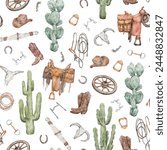 Western style seamless pattern. Hand drawn colorful pattern with cowboy saddle, horse shoe, western bit, western bridle, cowboy boot and hat, lasso, spur, wooden wheel and bull scull.