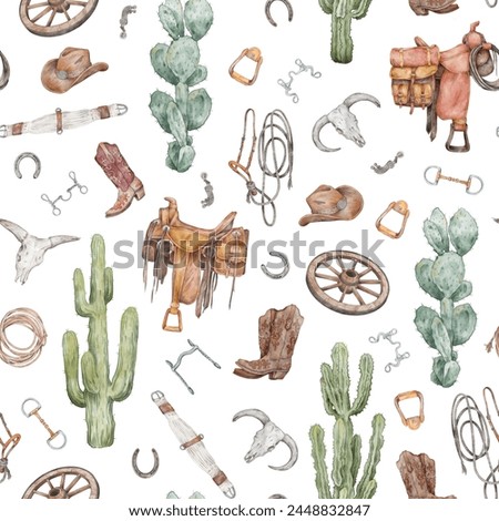 Western style seamless pattern. Hand drawn colorful pattern with cowboy saddle, horse shoe, western bit, western bridle, cowboy boot and hat, lasso, spur, wooden wheel and bull scull.