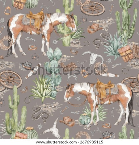 Western style seamless pattern. Hand drawn colorful pattern with tobiano quarter horse, western horse riding equipment, cowboy clothes and wild west american nature on cappuccino background
