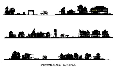 Western Style Silhouette Buildings With Old Stagecoach. Raster Version.