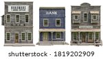 Western town booster pack. Collection of high resolution buildings on an isolated white background. Hardware, trading post and Bank. 3d rendering