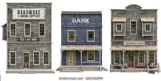 Western town booster pack. Collection of high resolution buildings on an isolated white background. Hardware, trading post and Bank. 3d rendering